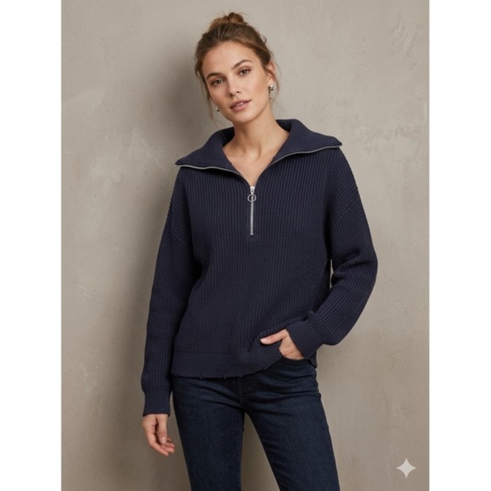 Talbots Womens Size XL Petites 1/4 Zip Sweater Navy Blue Pima Cotton Shaker Knit